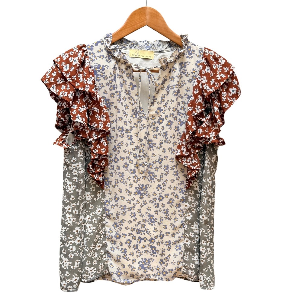 How Very Loved Blouse Womens S Multicolor Ditsy Floral‎ Ruffle Sleeve Boho Top